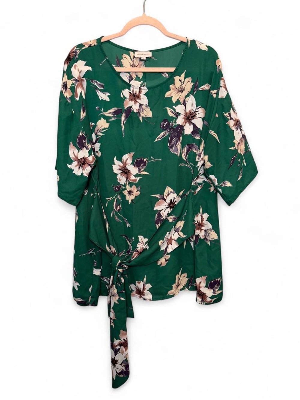 Molly & Isadora Green Floral Tie Waist Blouse Size 2X Plus Size Flowy Whimsy